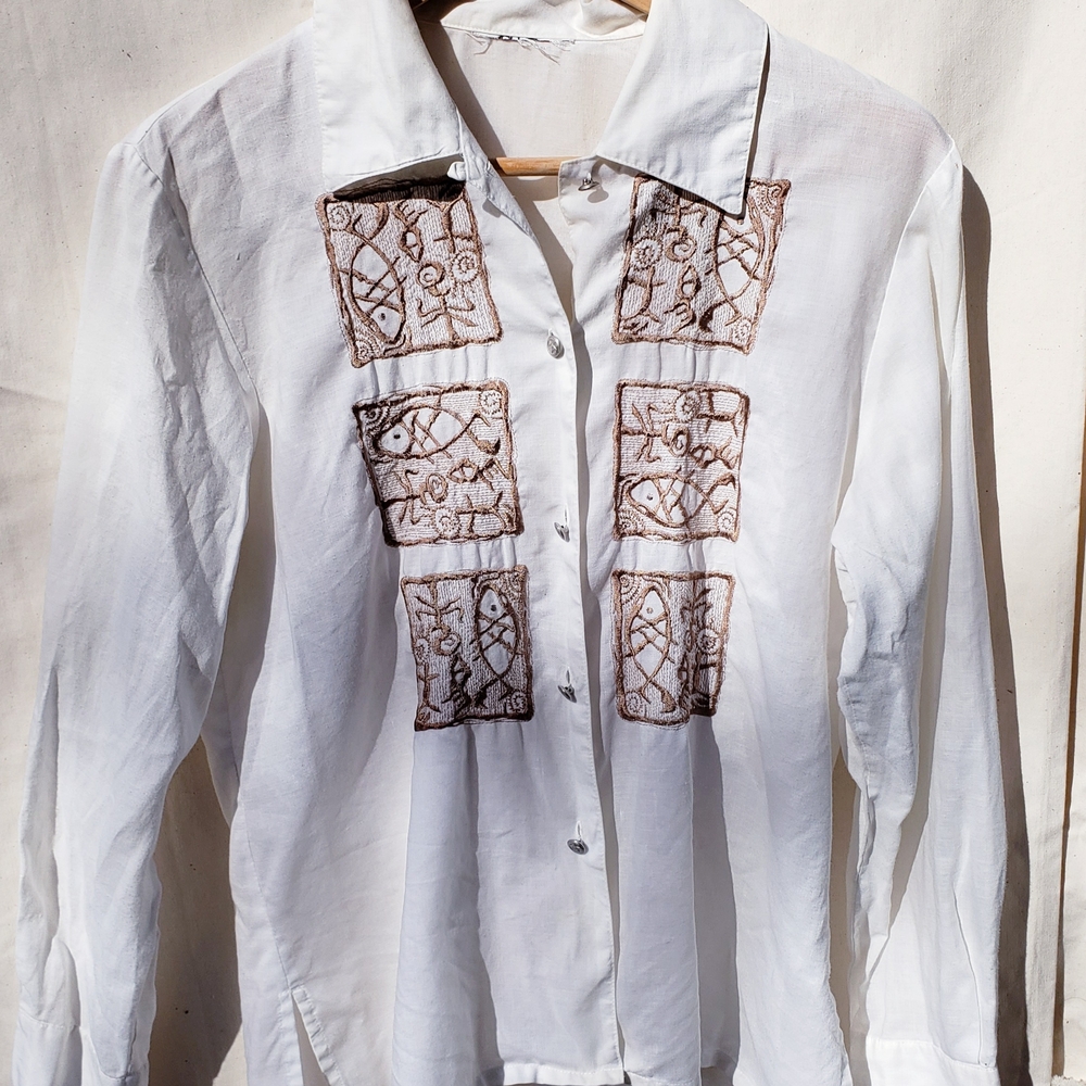 Linen White Blouse with Brown Embroidery